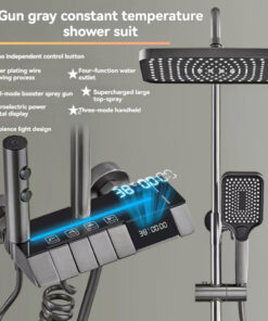colonne de douche gris avec contrôle de la température, ensemble de douche avec affichage numérique, escales, spray boosté par la lumière